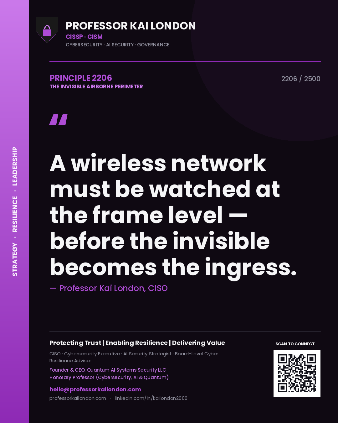 Quote card by Professor Kai London reading 'A wireless network must be watched at the frame level — before the invisible becomes the ingress.'. From the book The Invisible Airborne Perimeter.