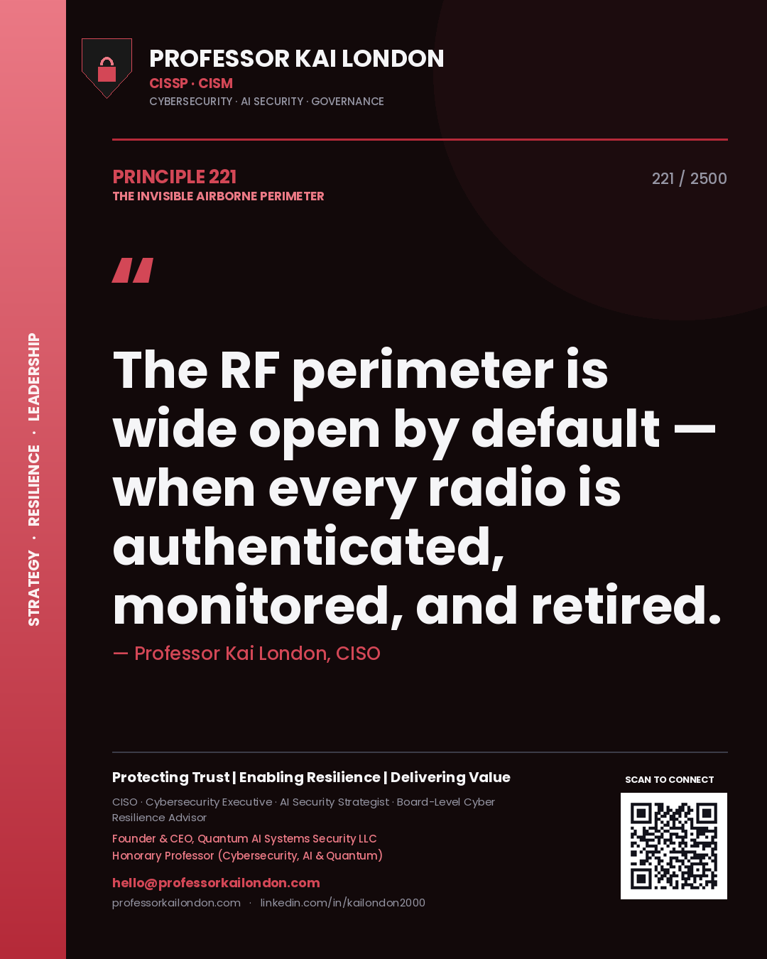 Professor Kai London principle 221: The RF perimeter is wide open by default — when every radio is authenticated, monitored, and retired.