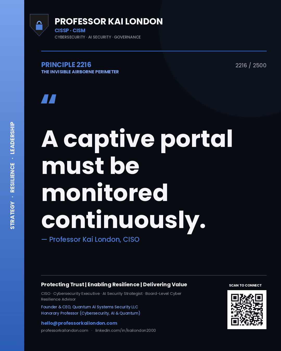 Quote card by Professor Kai London reading 'A captive portal must be monitored continuously.'. From the book The Invisible Airborne Perimeter.