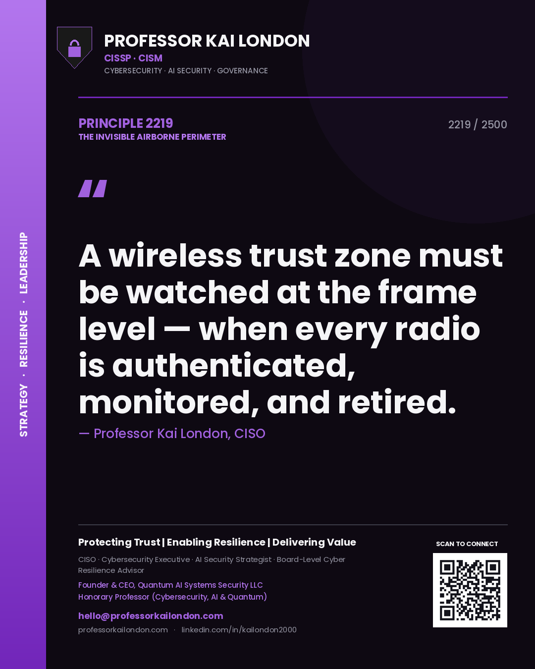 Quote card by Professor Kai London reading 'A wireless trust zone must be watched at the frame level — when every radio is authenticated, monitored, and retired.'. From the book The Invisible Airborne Perimeter.