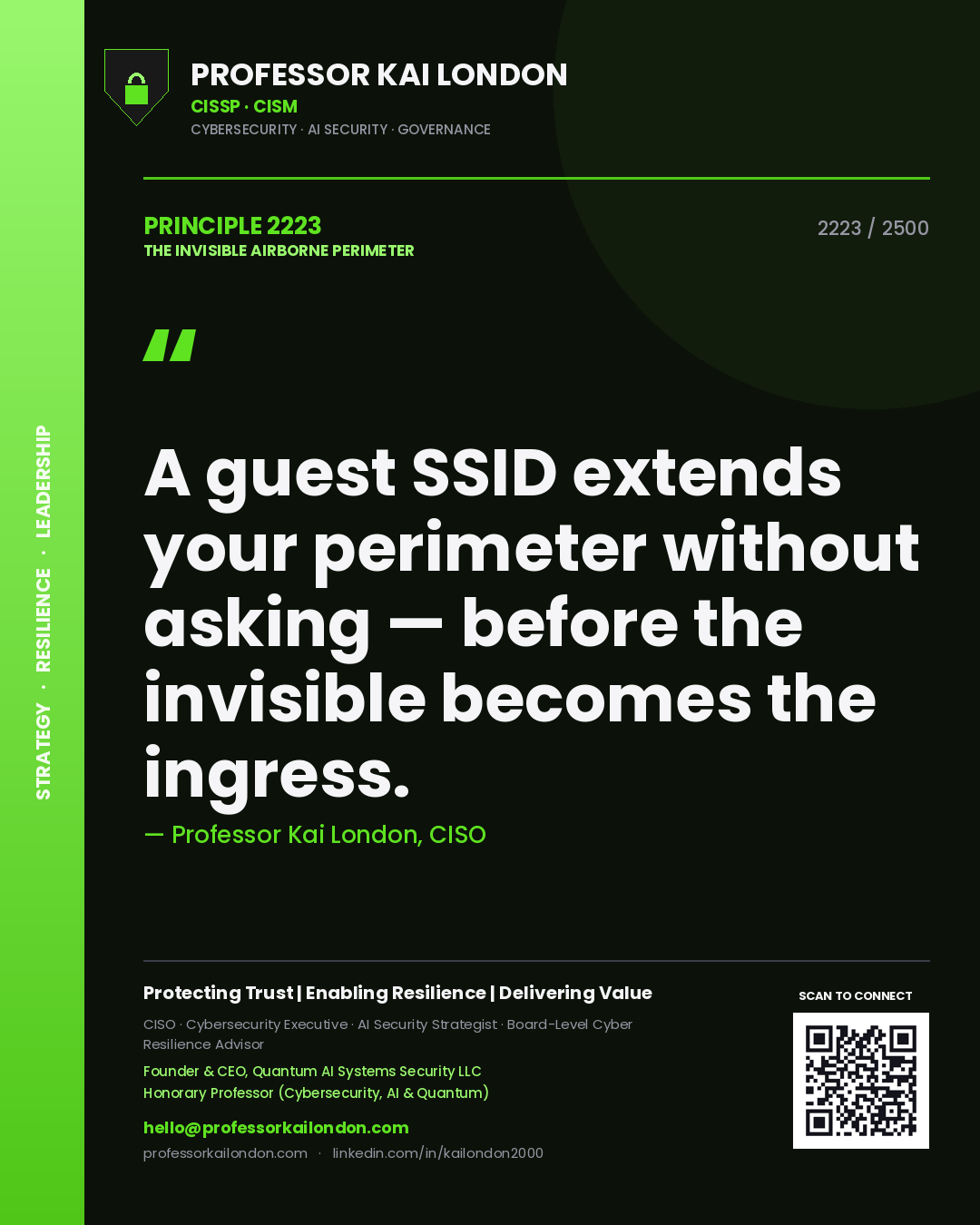 Professor Kai London principle 2223: A guest SSID extends your perimeter without asking — before the invisible becomes the ingress.