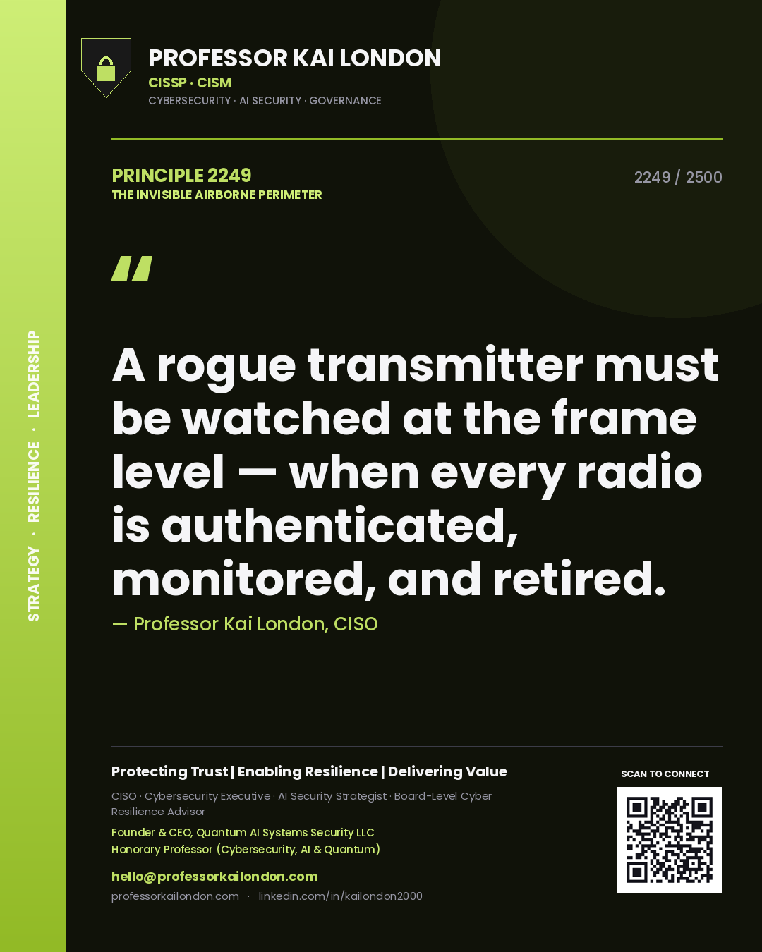 Quote card by Professor Kai London reading 'A rogue transmitter must be watched at the frame level — when every radio is authenticated, monitored, and retired.'. From the book The Invisible Airborne Perimeter.