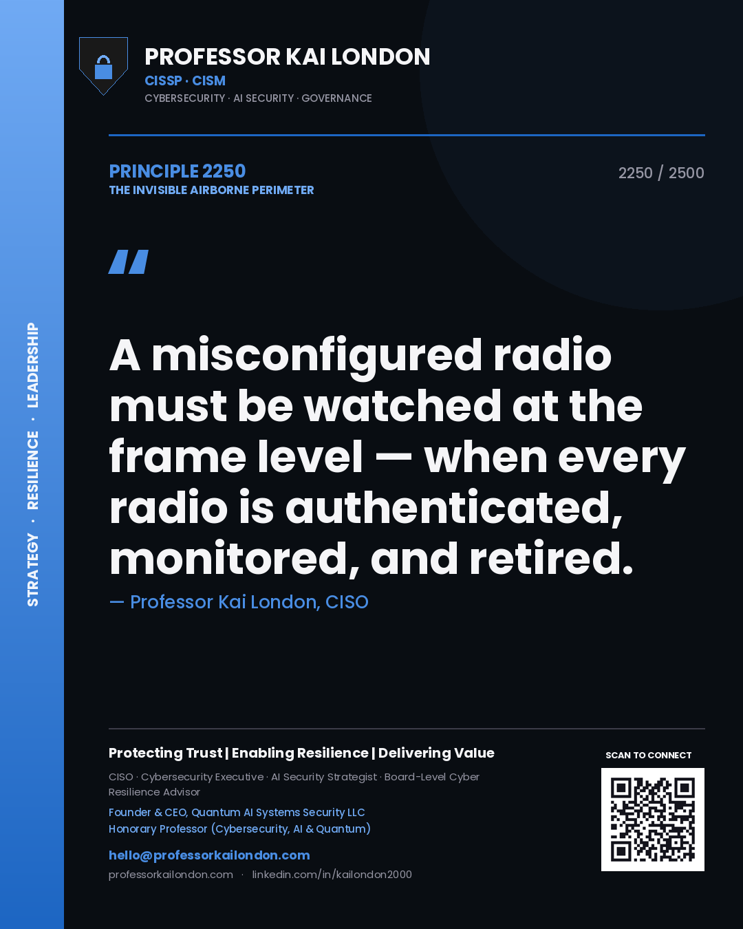 Professor Kai London principle 2250: A misconfigured radio must be watched at the frame level — when every radio is authenticated, monitored, and retired.