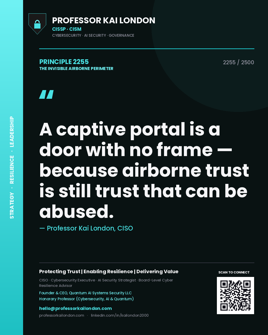 Quote card by Professor Kai London reading 'A captive portal is a door with no frame — because airborne trust is still trust that can be abused.'. From the book The Invisible Airborne Perimeter.