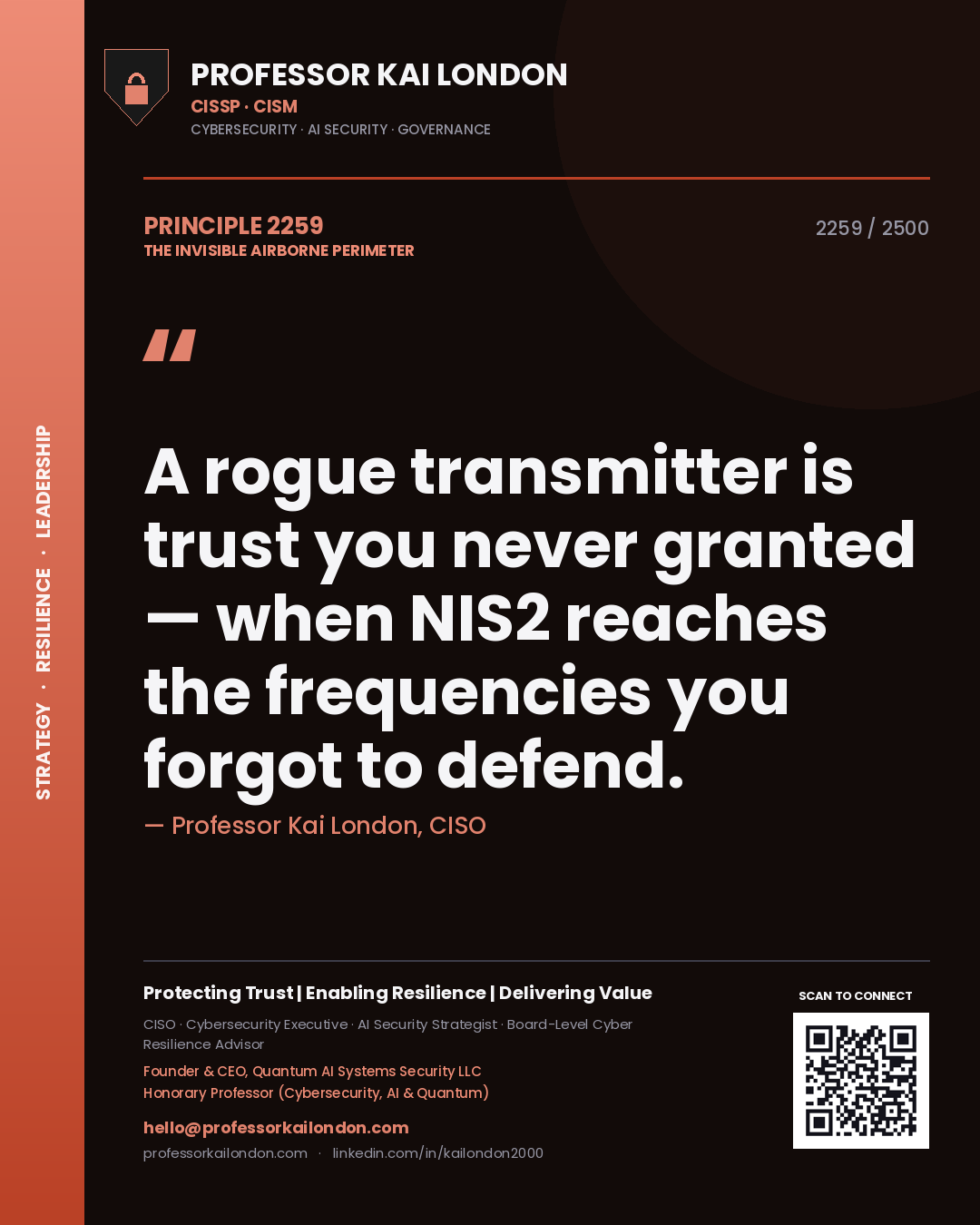 Quote card by Professor Kai London reading 'A rogue transmitter is trust you never granted — when NIS2 reaches the frequencies you forgot to defend.'. From the book The Invisible Airborne Perimeter.