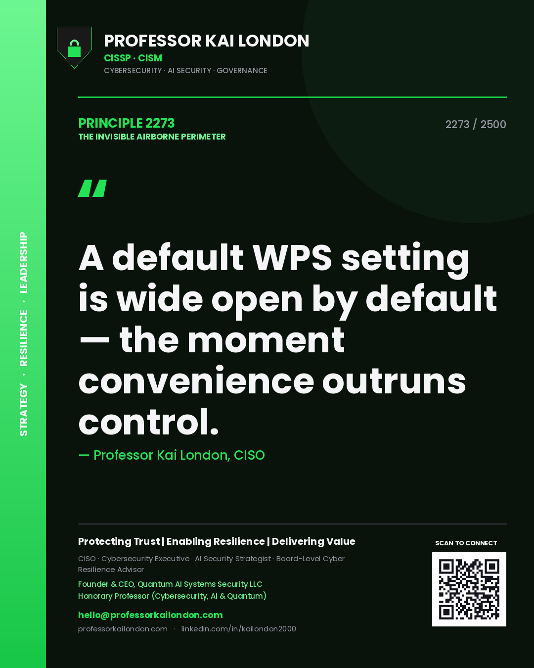 Quote card by Professor Kai London reading 'A default WPS setting is wide open by default — the moment convenience outruns control.'. From the book The Invisible Airborne Perimeter.