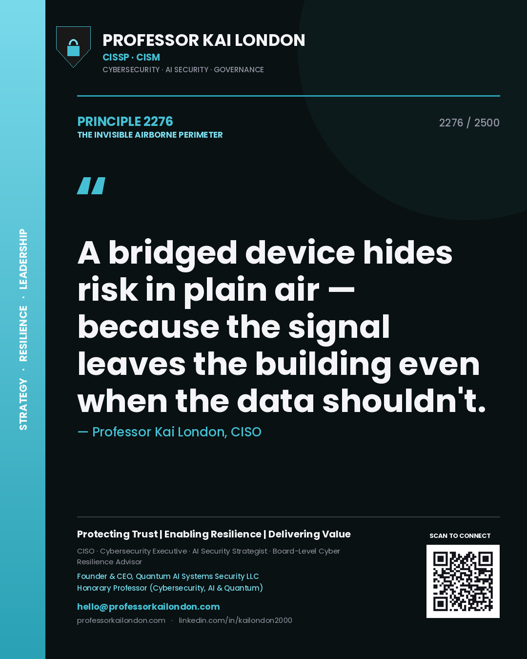 Professor Kai London principle 2276: A bridged device hides risk in plain air — because the signal leaves the building even when the data shouldn't.