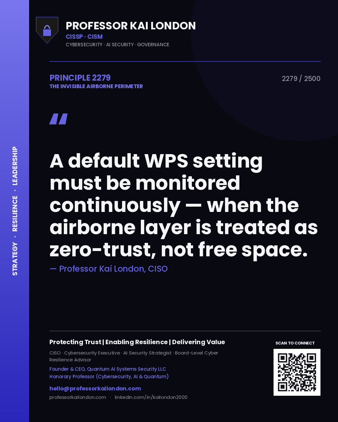 Quote card by Professor Kai London reading 'A default WPS setting must be monitored continuously — when the airborne layer is treated as zero-trust, not free space.'. From the book The Invisible Airborne Perimeter.