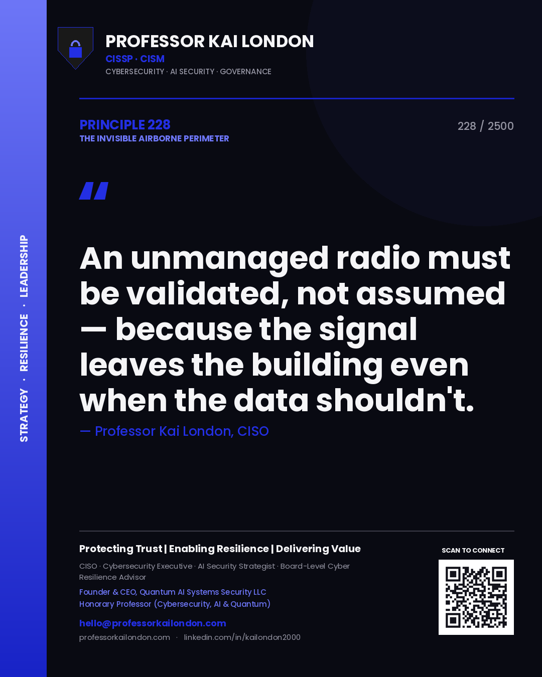 Quote card by Professor Kai London reading 'An unmanaged radio must be validated, not assumed — because the signal leaves the building even when the data shouldn't.'. From the book The Invisible Airborne Perimeter.