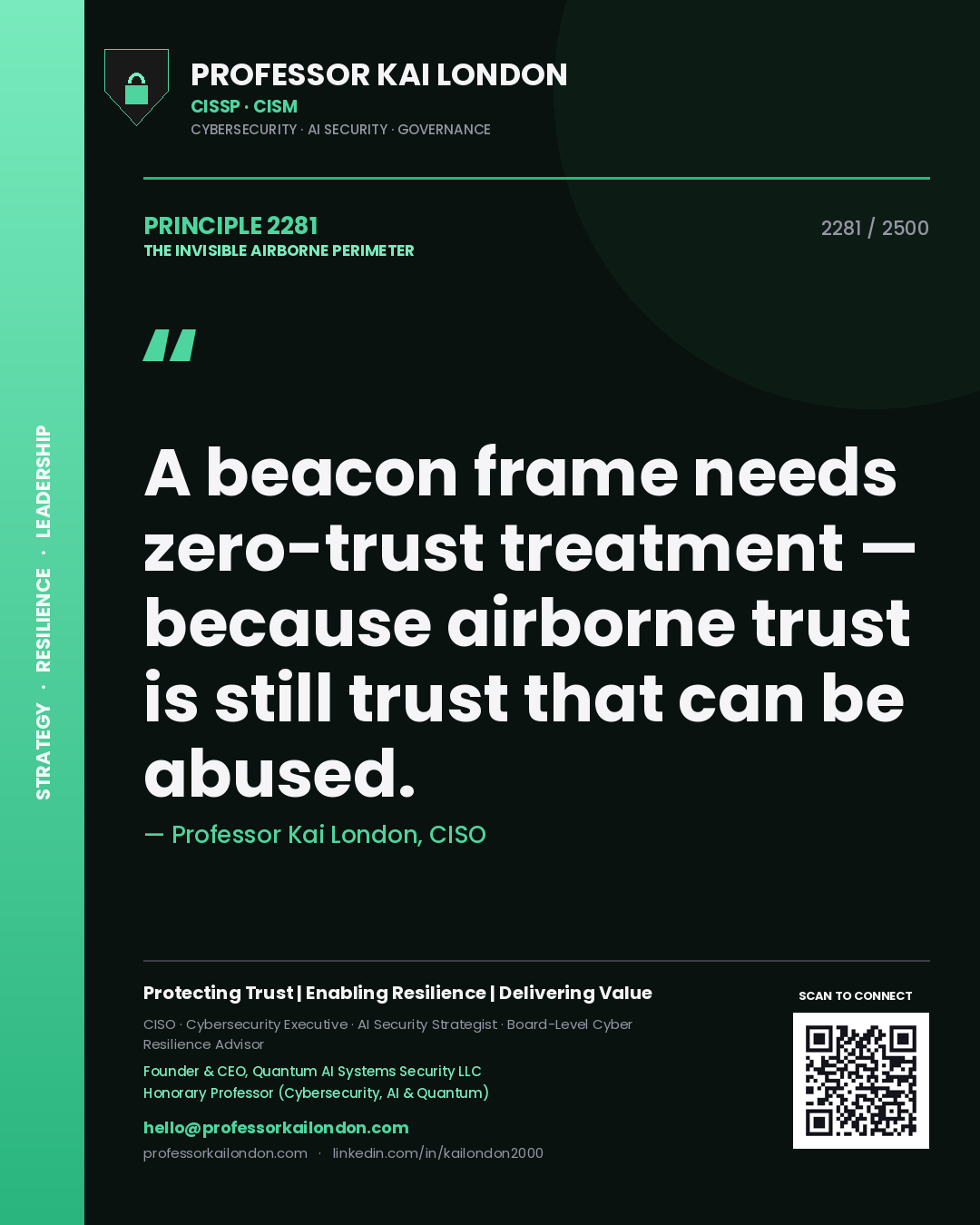 Quote card by Professor Kai London reading 'A beacon frame needs zero-trust treatment — because airborne trust is still trust that can be abused.'. From the book The Invisible Airborne Perimeter.