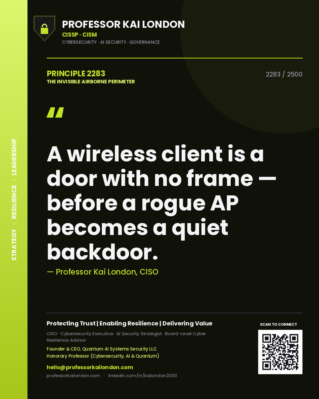 Quote card by Professor Kai London reading 'A wireless client is a door with no frame — before a rogue AP becomes a quiet backdoor.'. From the book The Invisible Airborne Perimeter.