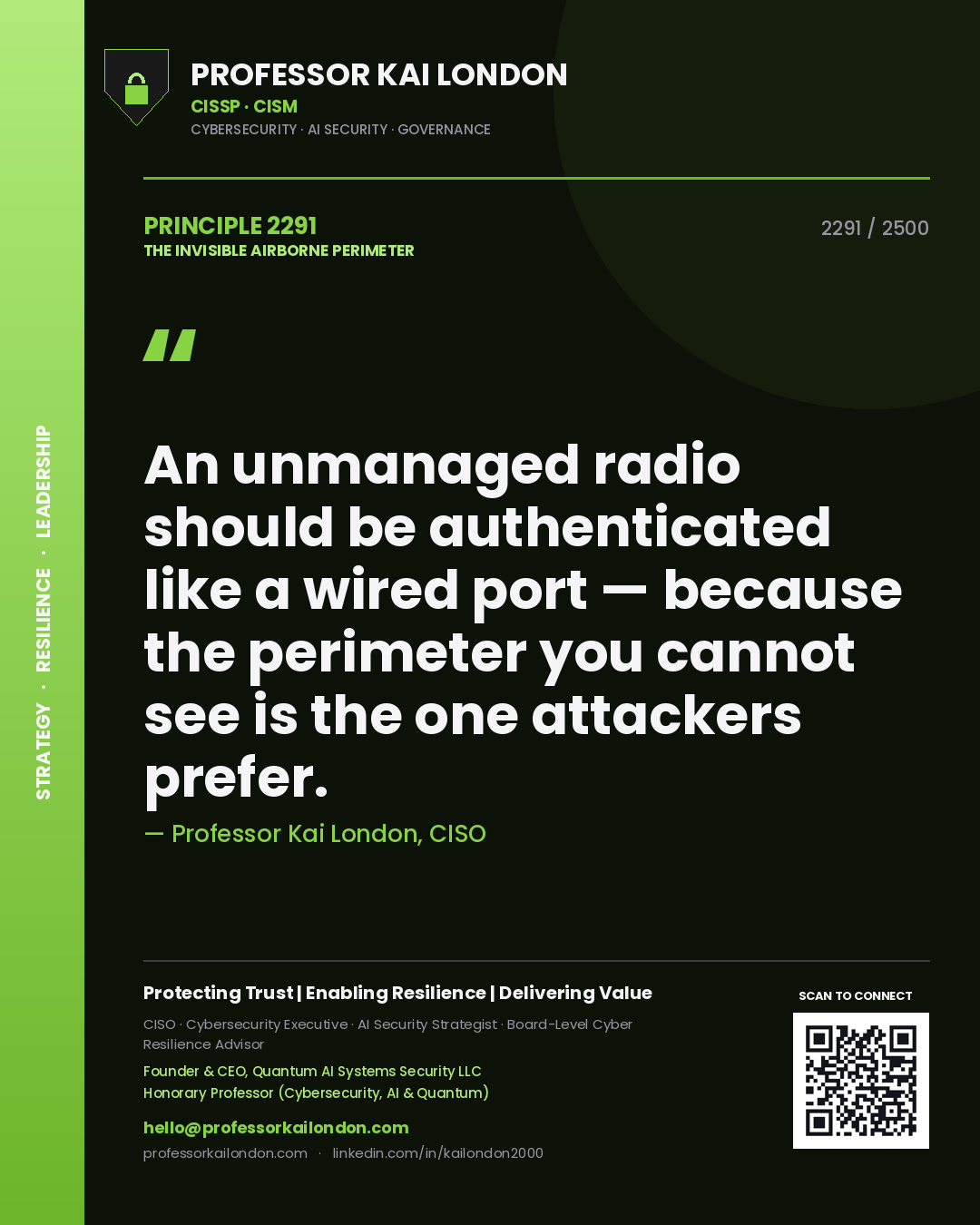 Quote card by Professor Kai London reading 'An unmanaged radio should be authenticated like a wired port — because the perimeter you cannot see is the one attackers prefer.'. From the book The Invisible Airborne Perimeter.