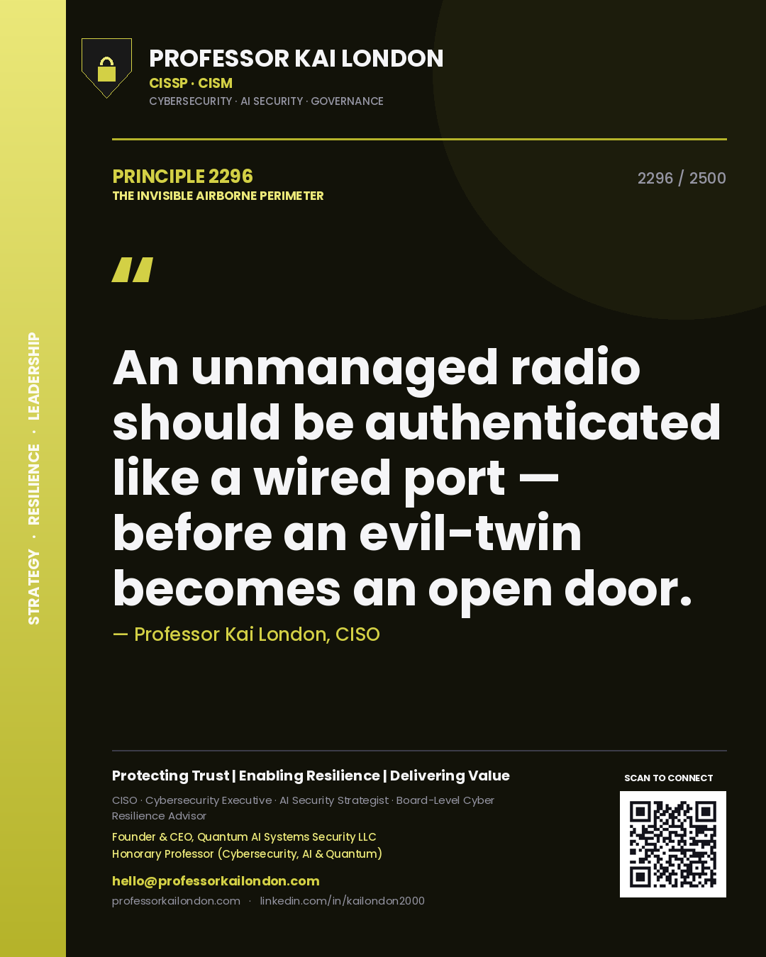 Quote card by Professor Kai London reading 'An unmanaged radio should be authenticated like a wired port — before an evil-twin becomes an open door.'. From the book The Invisible Airborne Perimeter.