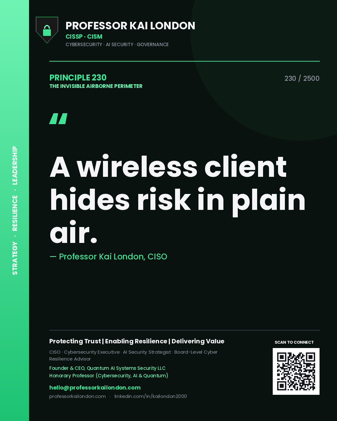 Quote card by Professor Kai London reading 'A wireless client hides risk in plain air.'. From the book The Invisible Airborne Perimeter.