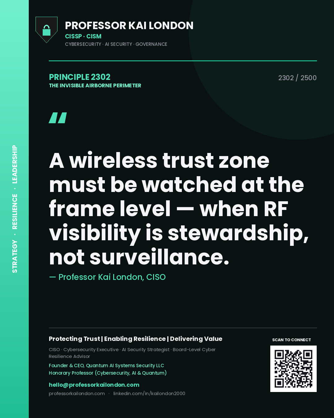 Quote card by Professor Kai London reading 'A wireless trust zone must be watched at the frame level — when RF visibility is stewardship, not surveillance.'. From the book The Invisible Airborne Perimeter.