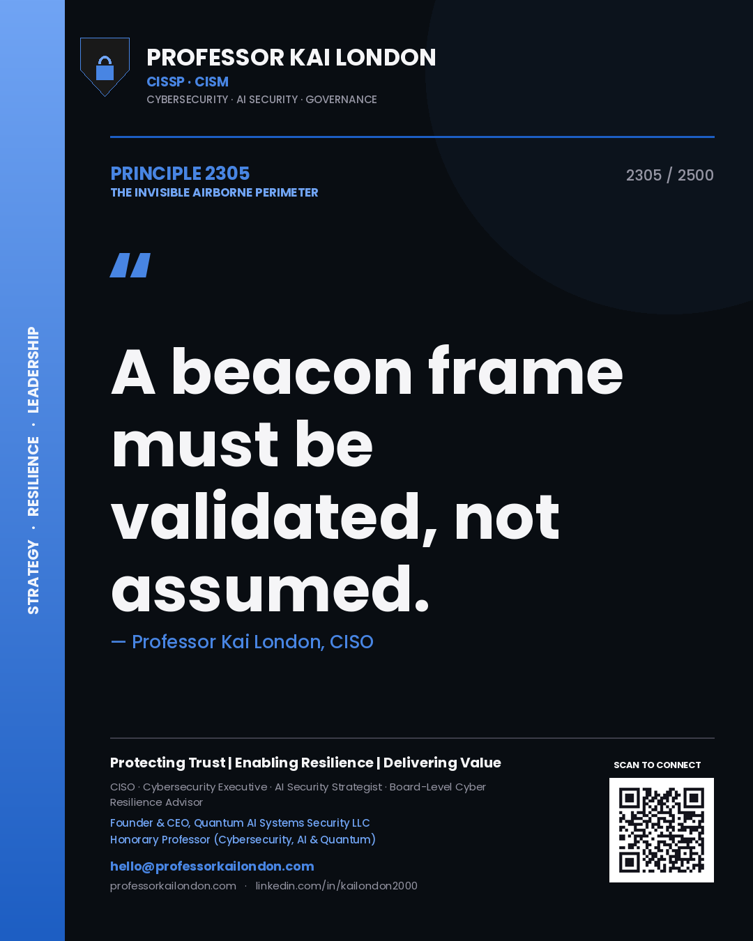 Quote card by Professor Kai London reading 'A beacon frame must be validated, not assumed.'. From the book The Invisible Airborne Perimeter.