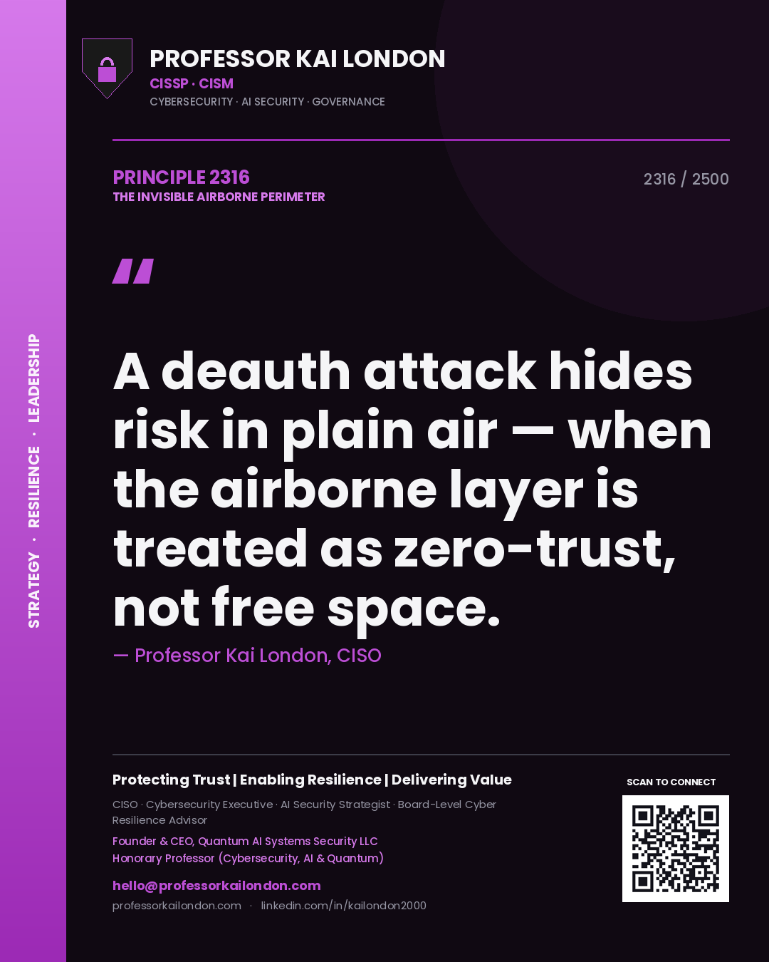 Professor Kai London principle 2316: A deauth attack hides risk in plain air — when the airborne layer is treated as zero-trust, not free space.