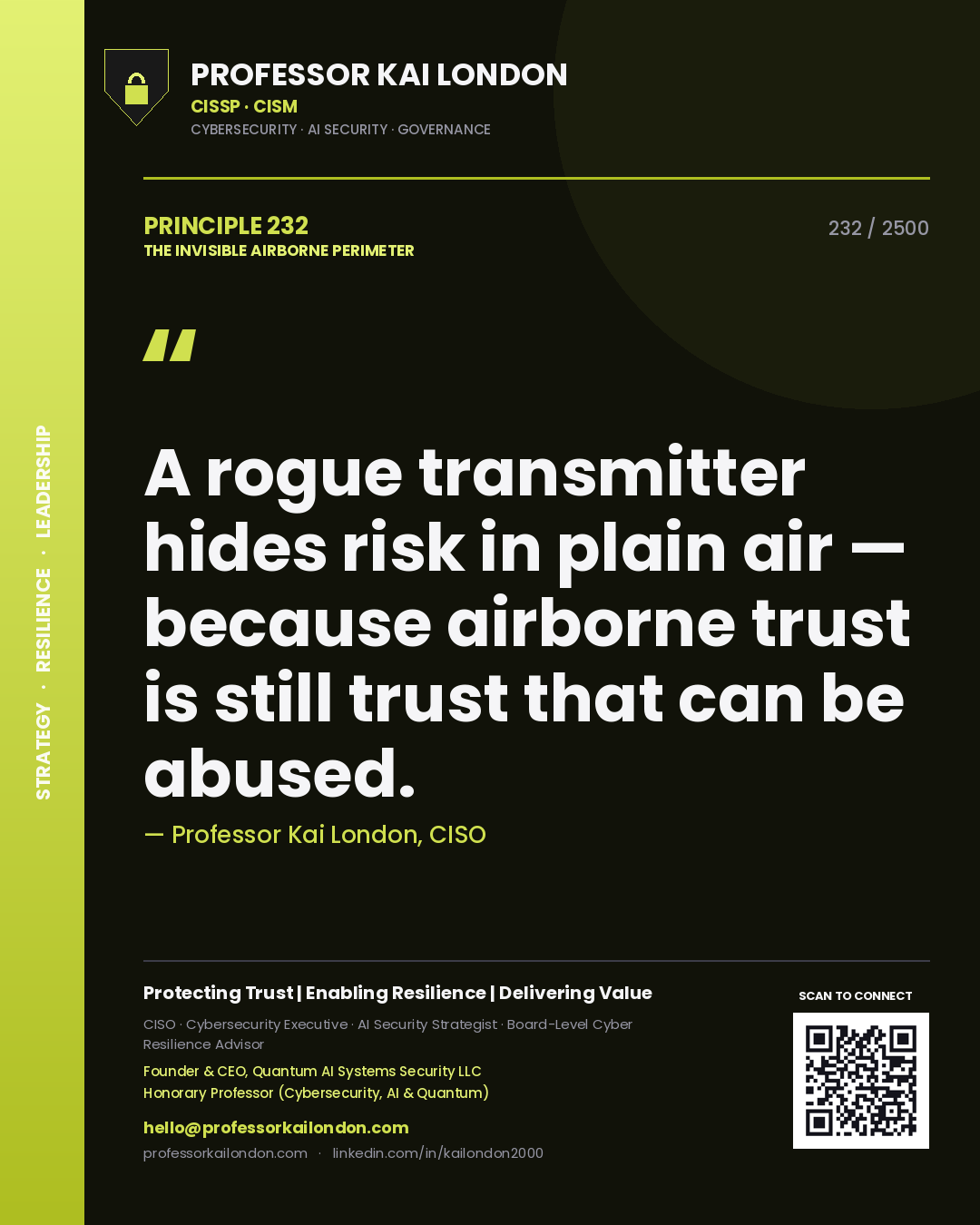 Quote card by Professor Kai London reading 'A rogue transmitter hides risk in plain air — because airborne trust is still trust that can be abused.'. From the book The Invisible Airborne Perimeter.