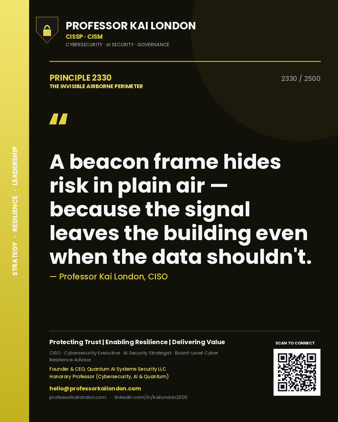 Quote card by Professor Kai London reading 'A beacon frame hides risk in plain air — because the signal leaves the building even when the data shouldn't.'. From the book The Invisible Airborne Perimeter.