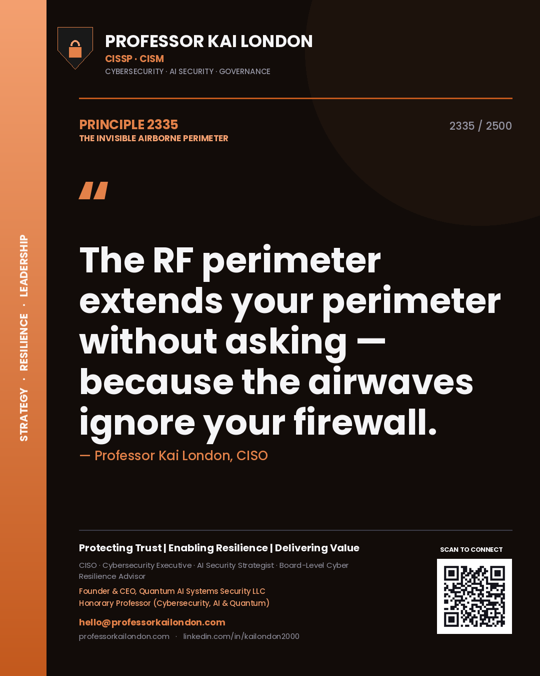 Quote card by Professor Kai London reading 'The RF perimeter extends your perimeter without asking — because the airwaves ignore your firewall.'. From the book The Invisible Airborne Perimeter.