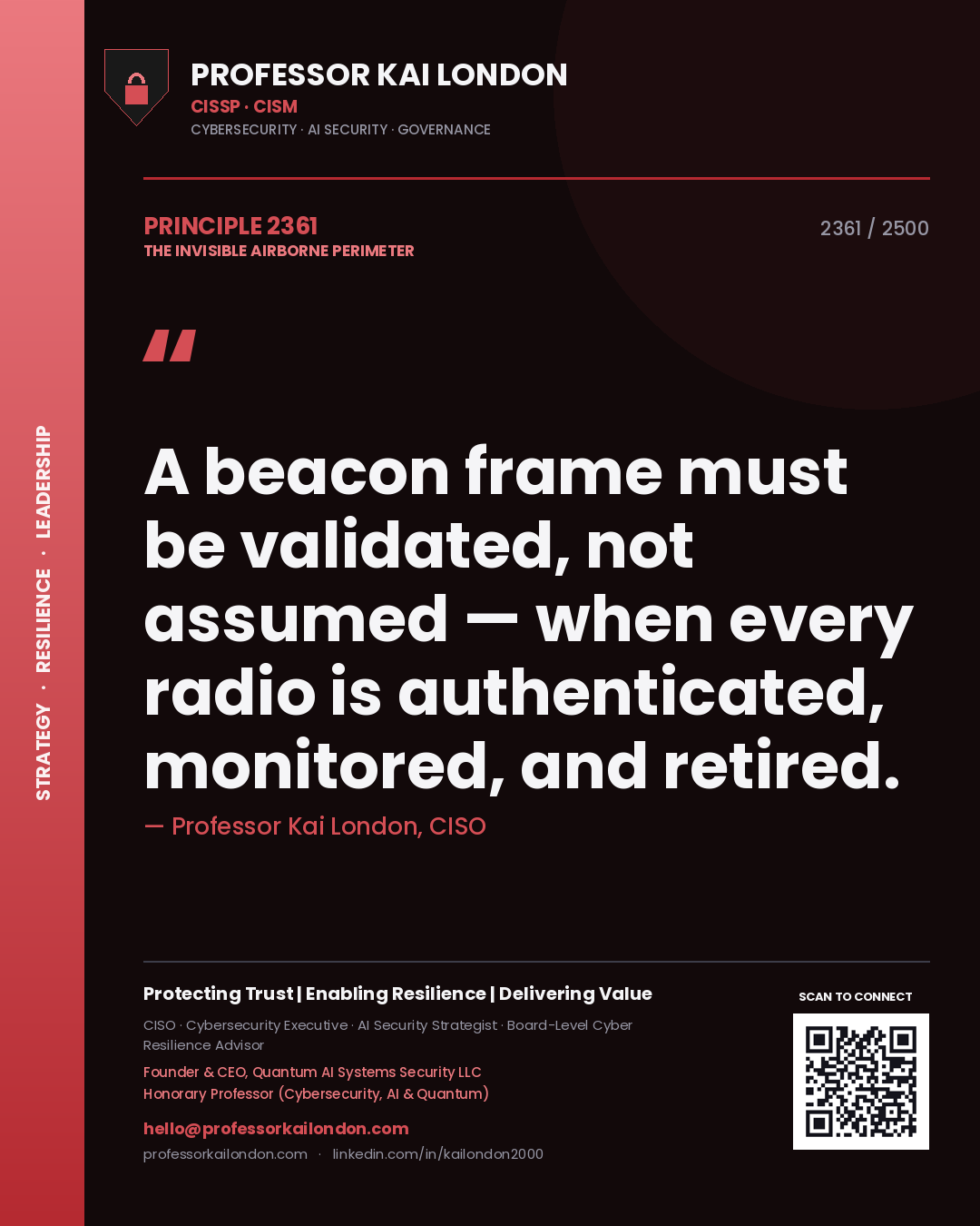 Professor Kai London principle 2361: A beacon frame must be validated, not assumed — when every radio is authenticated, monitored, and retired.