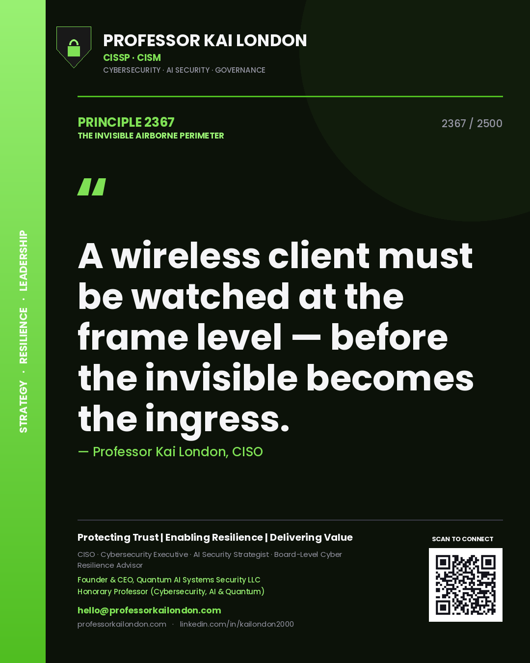 Quote card by Professor Kai London reading 'A wireless client must be watched at the frame level — before the invisible becomes the ingress.'. From the book The Invisible Airborne Perimeter.