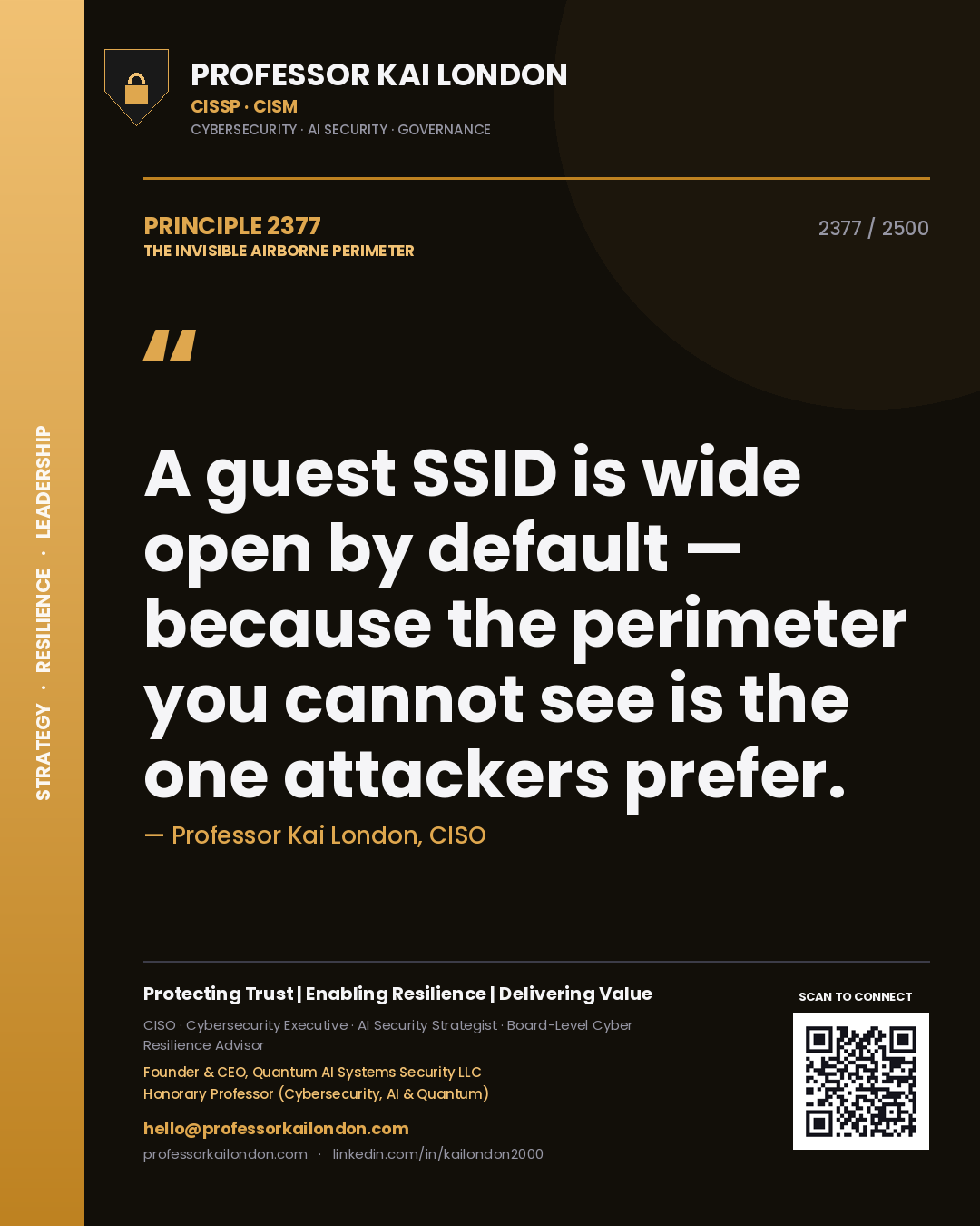 Professor Kai London principle 2377: A guest SSID is wide open by default — because the perimeter you cannot see is the one attackers prefer.