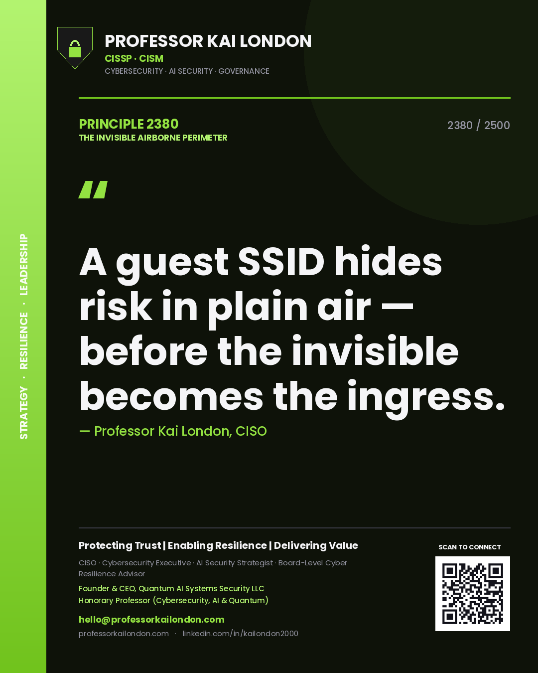 Quote card by Professor Kai London reading 'A guest SSID hides risk in plain air — before the invisible becomes the ingress.'. From the book The Invisible Airborne Perimeter.