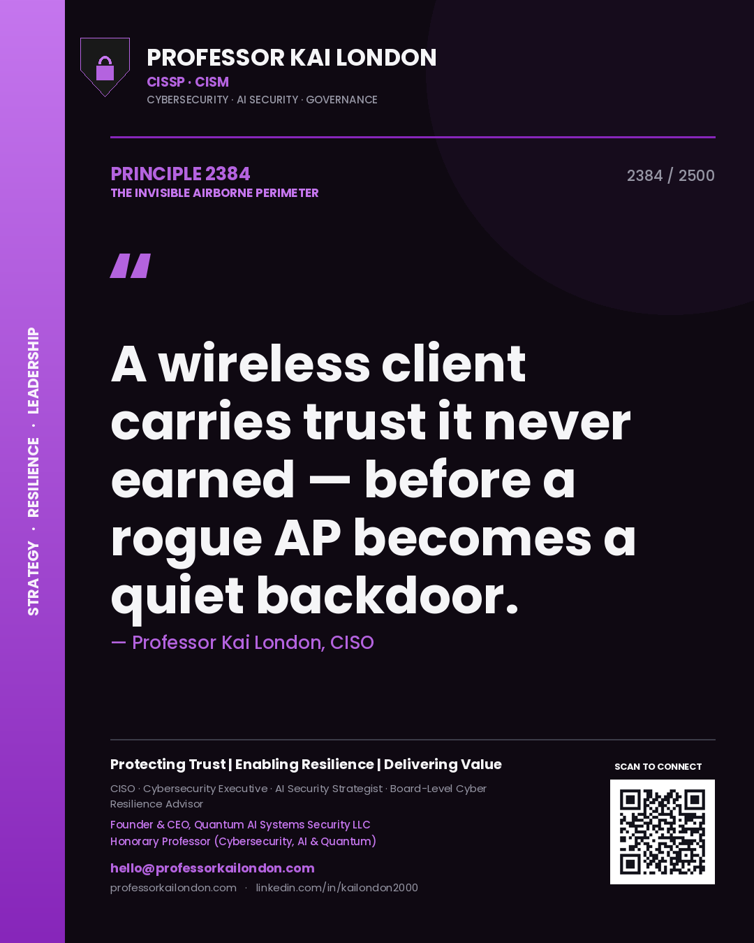 Quote card by Professor Kai London reading 'A wireless client carries trust it never earned — before a rogue AP becomes a quiet backdoor.'. From the book The Invisible Airborne Perimeter.