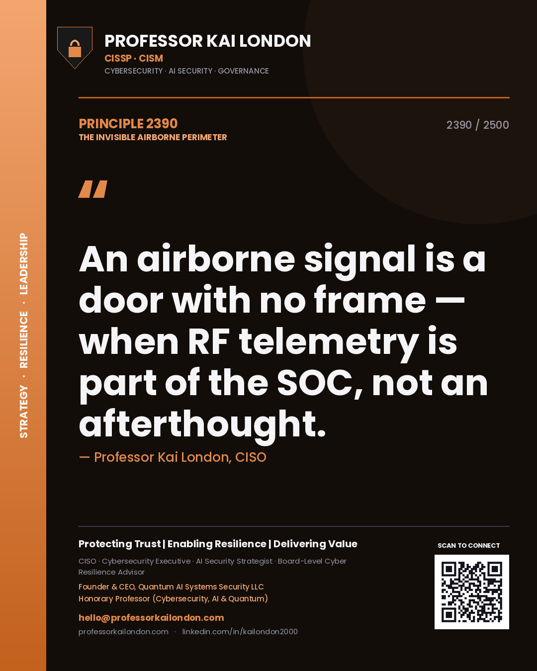 Quote card by Professor Kai London reading 'An airborne signal is a door with no frame — when RF telemetry is part of the SOC, not an afterthought.'. From the book The Invisible Airborne Perimeter.