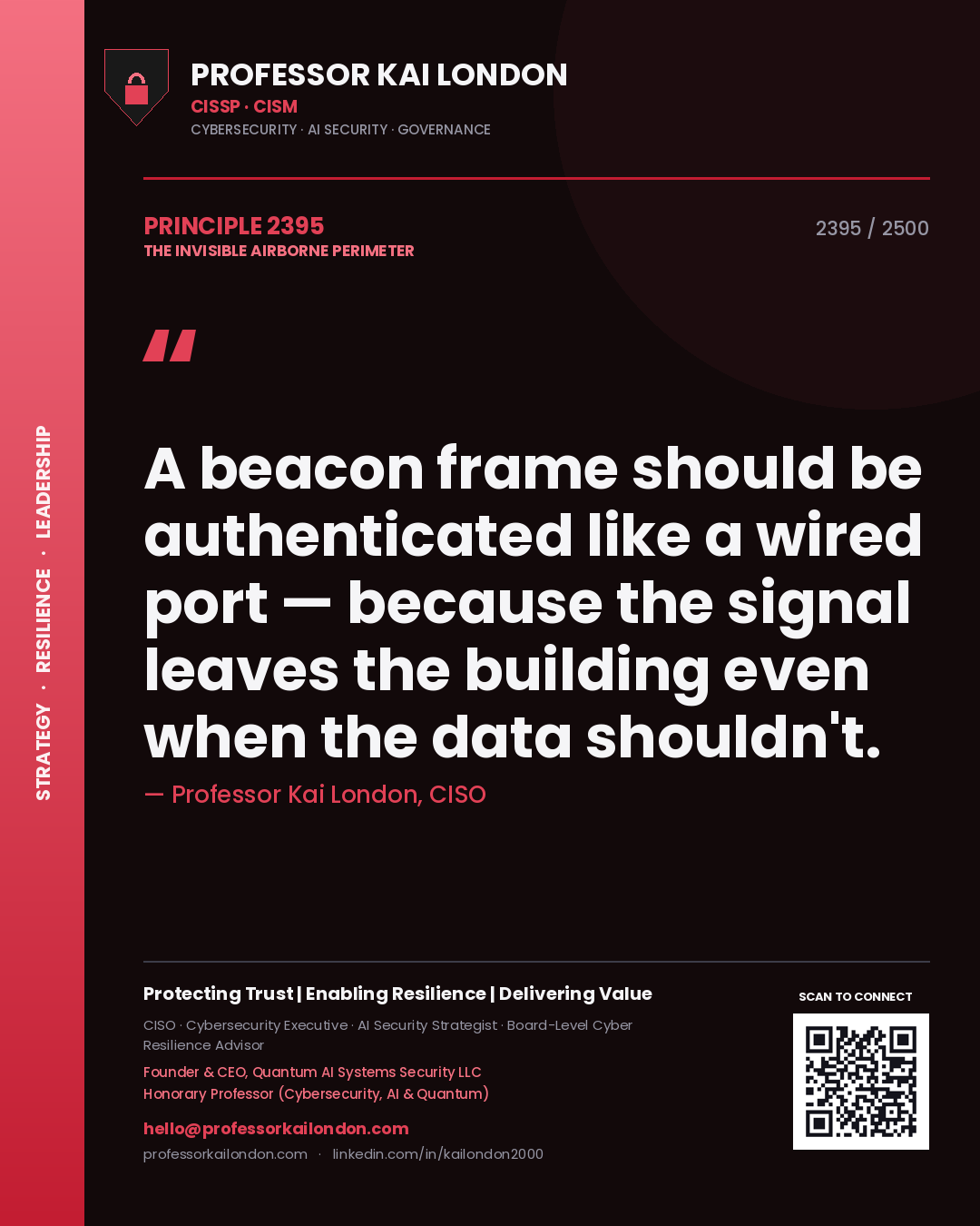 Quote card by Professor Kai London reading 'A beacon frame should be authenticated like a wired port — because the signal leaves the building even when the data shouldn't.'. From the book The Invisible Airborne Perimeter.