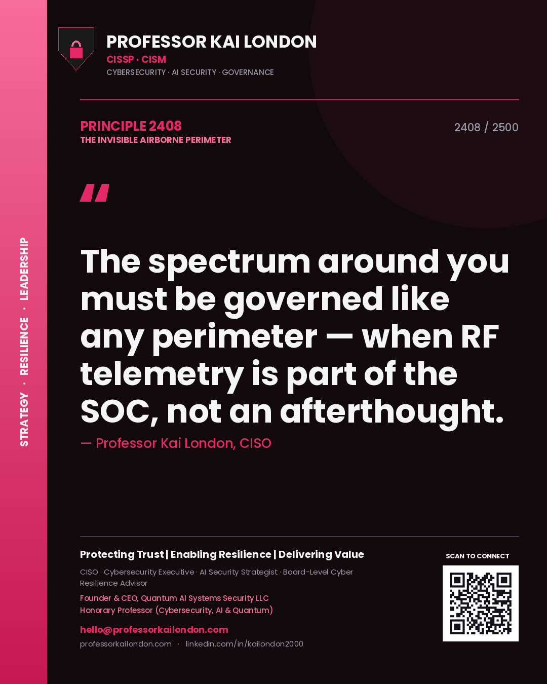Quote card by Professor Kai London reading 'The spectrum around you must be governed like any perimeter — when RF telemetry is part of the SOC, not an afterthought.'. From the book The Invisible Airborne Perimeter.