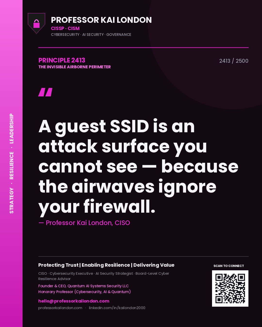 Quote card by Professor Kai London reading 'A guest SSID is an attack surface you cannot see — because the airwaves ignore your firewall.'. From the book The Invisible Airborne Perimeter.