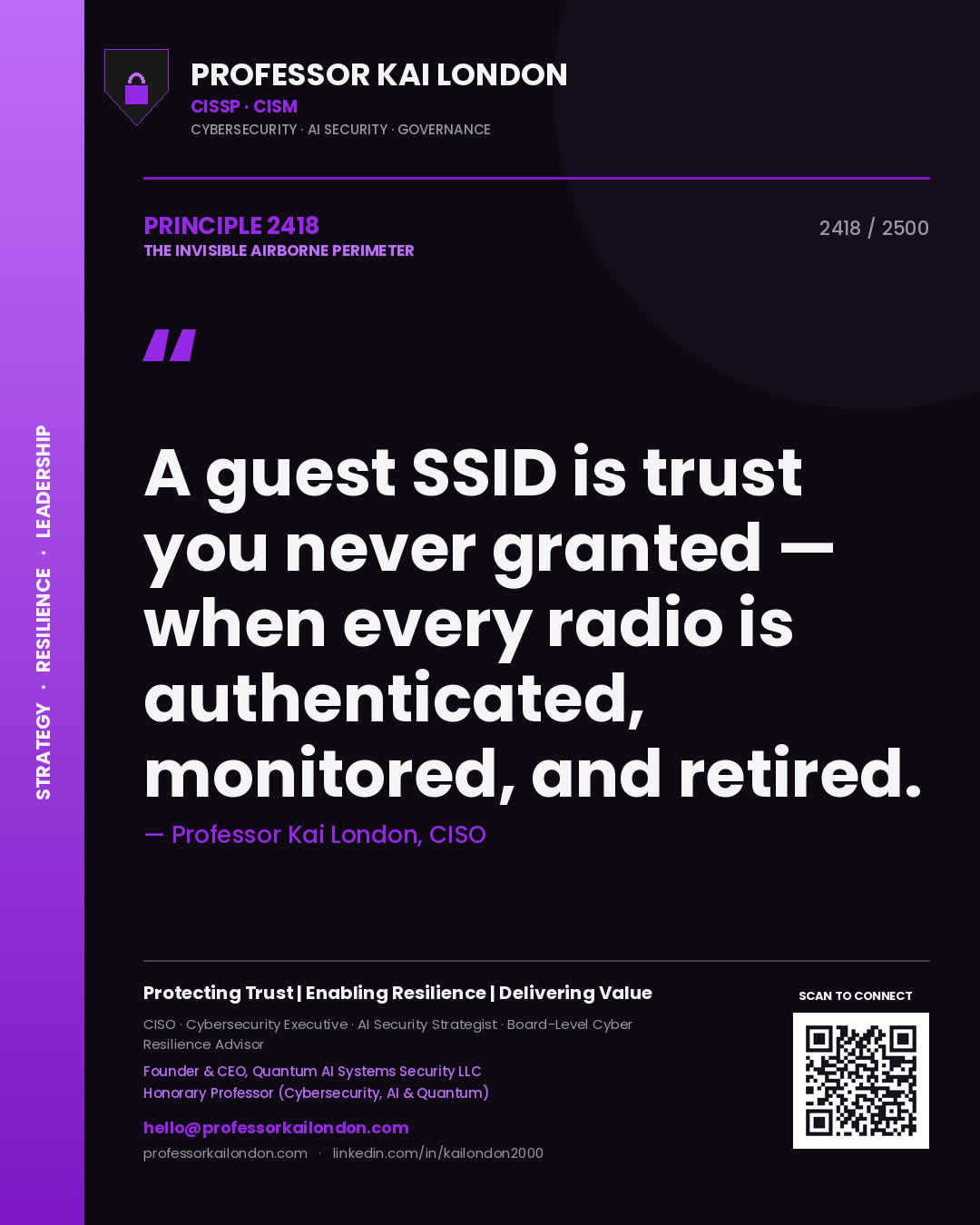 Quote card by Professor Kai London reading 'A guest SSID is trust you never granted — when every radio is authenticated, monitored, and retired.'. From the book The Invisible Airborne Perimeter.
