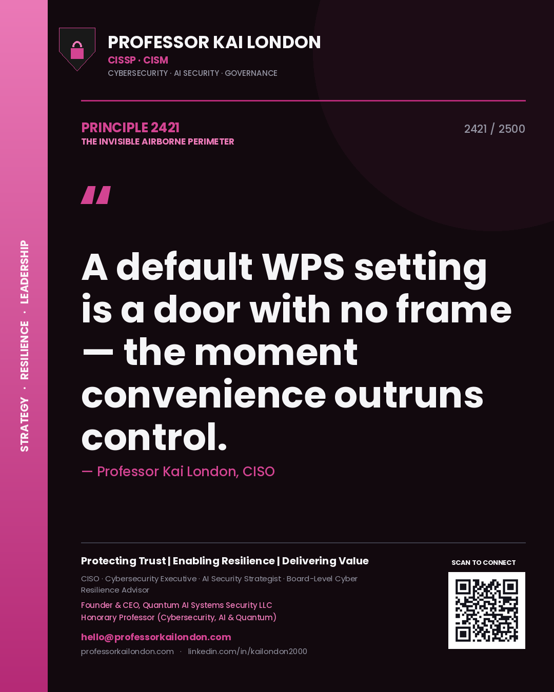 Quote card by Professor Kai London reading 'A default WPS setting is a door with no frame — the moment convenience outruns control.'. From the book The Invisible Airborne Perimeter.