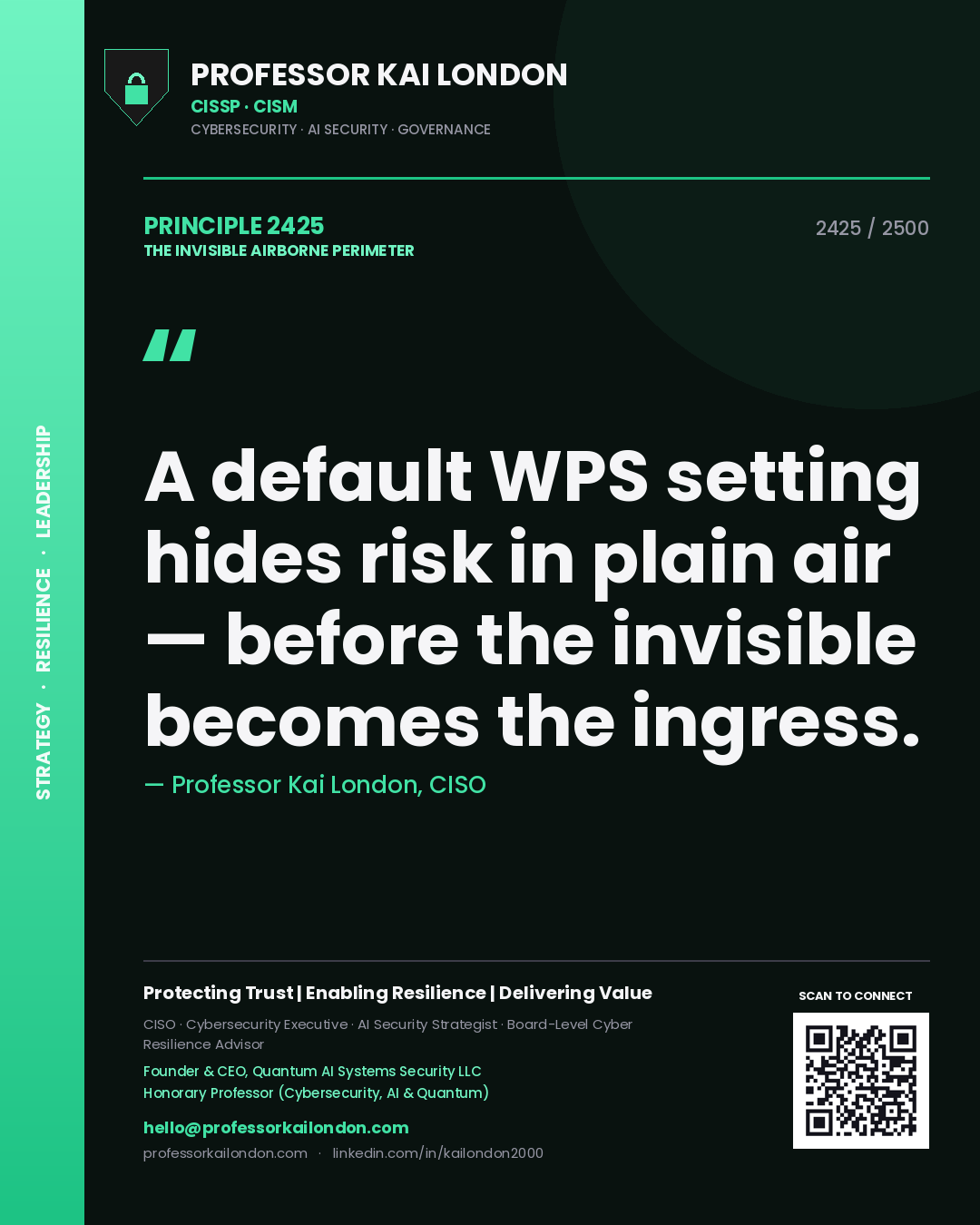 Quote card by Professor Kai London reading 'A default WPS setting hides risk in plain air — before the invisible becomes the ingress.'. From the book The Invisible Airborne Perimeter.