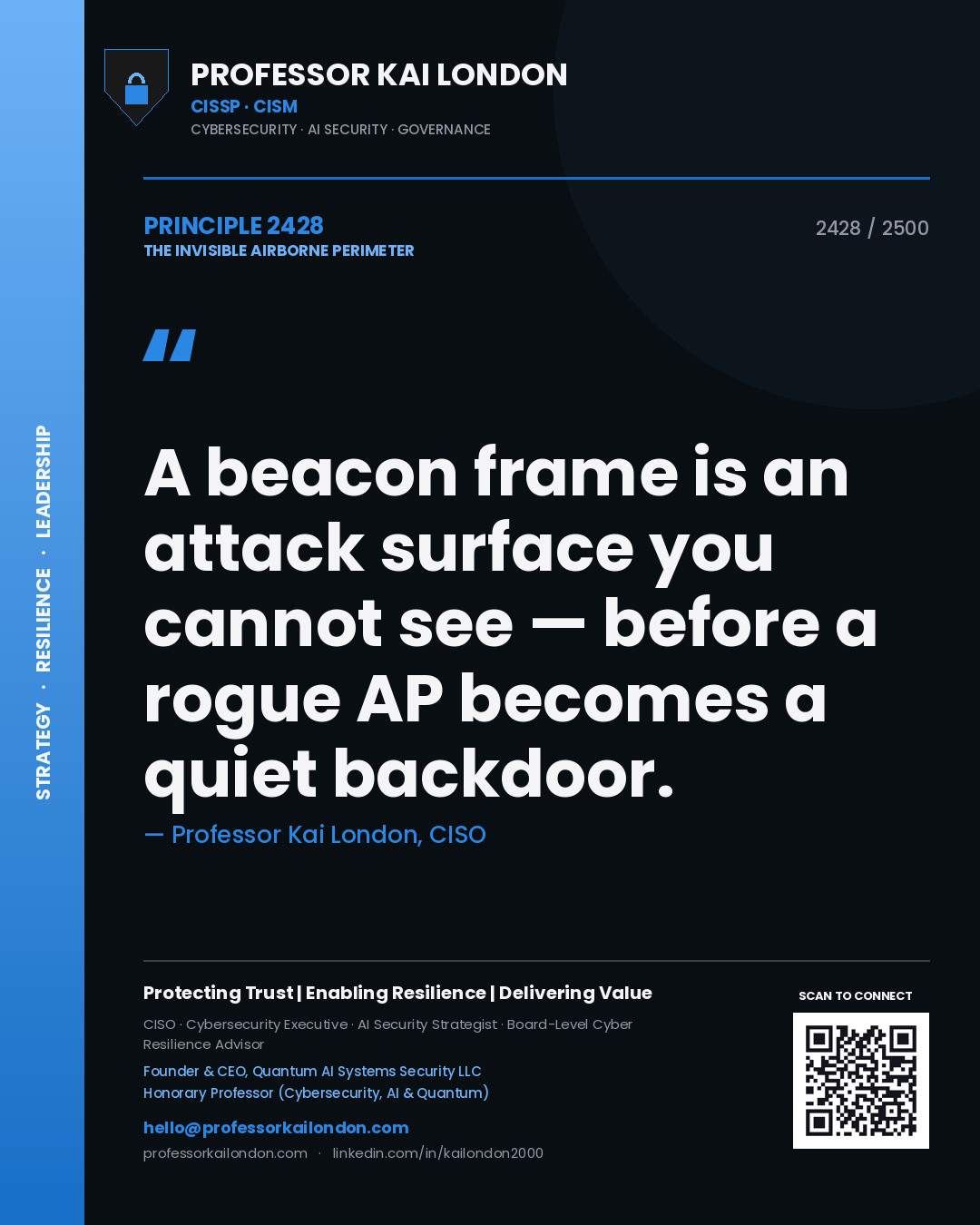 Quote card by Professor Kai London reading 'A beacon frame is an attack surface you cannot see — before a rogue AP becomes a quiet backdoor.'. From the book The Invisible Airborne Perimeter.