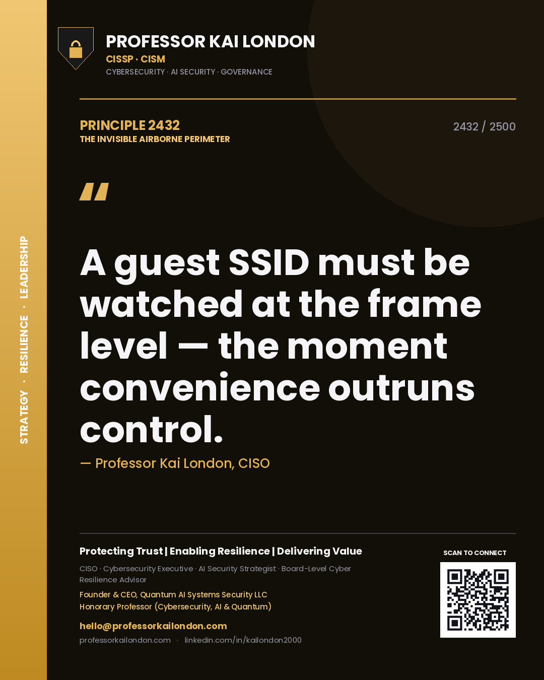 Quote card by Professor Kai London reading 'A guest SSID must be watched at the frame level — the moment convenience outruns control.'. From the book The Invisible Airborne Perimeter.