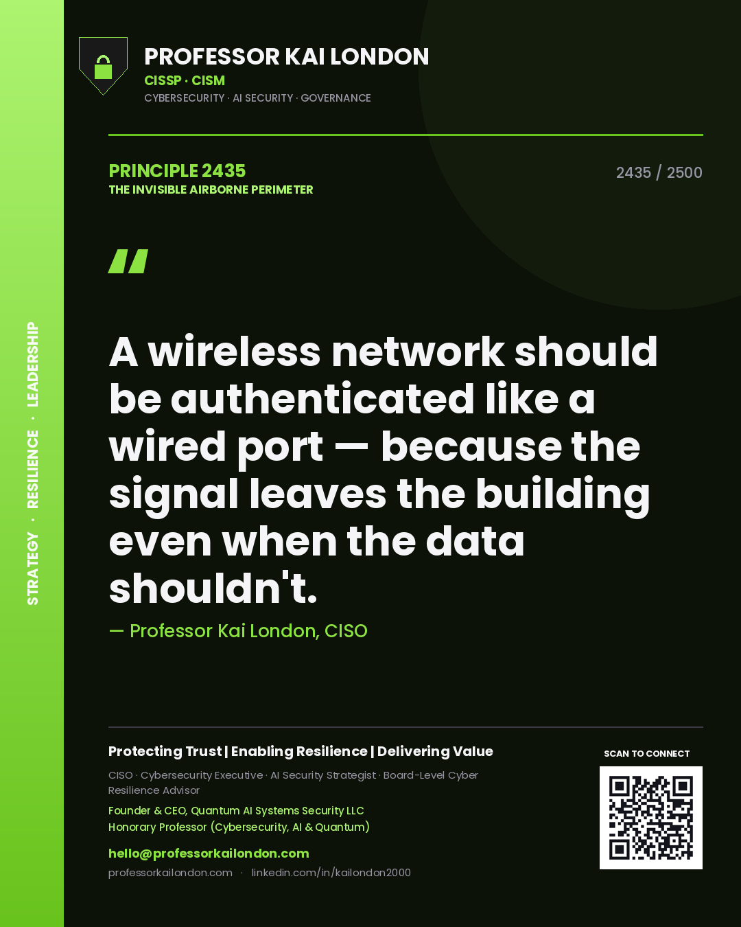 Quote card by Professor Kai London reading 'A wireless network should be authenticated like a wired port — because the signal leaves the building even when the data shouldn't.'. From the book The Invisible Airborne Perimeter.