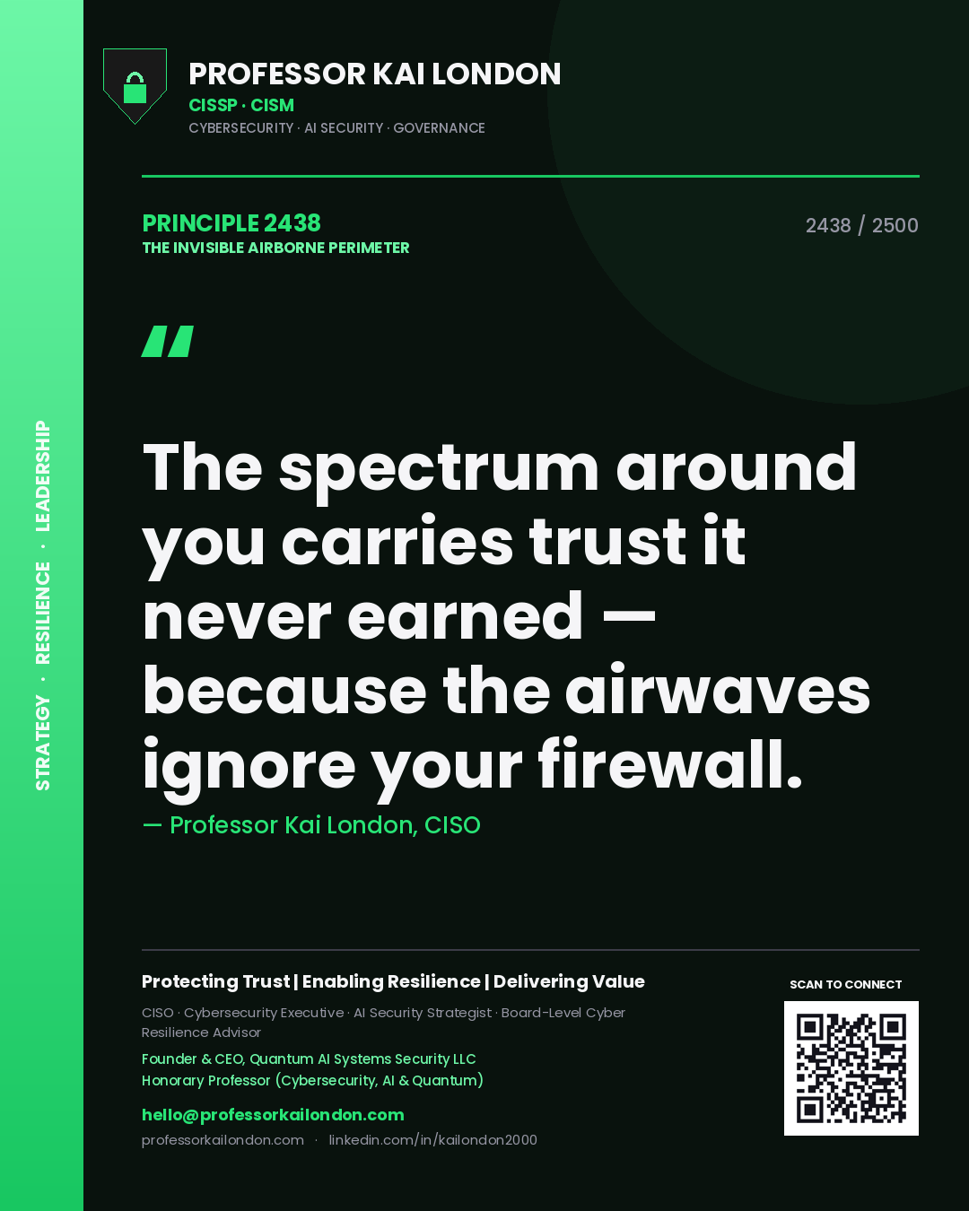 Quote card by Professor Kai London reading 'The spectrum around you carries trust it never earned — because the airwaves ignore your firewall.'. From the book The Invisible Airborne Perimeter.