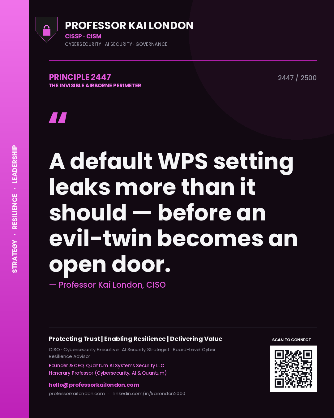 Quote card by Professor Kai London reading 'A default WPS setting leaks more than it should — before an evil-twin becomes an open door.'. From the book The Invisible Airborne Perimeter.