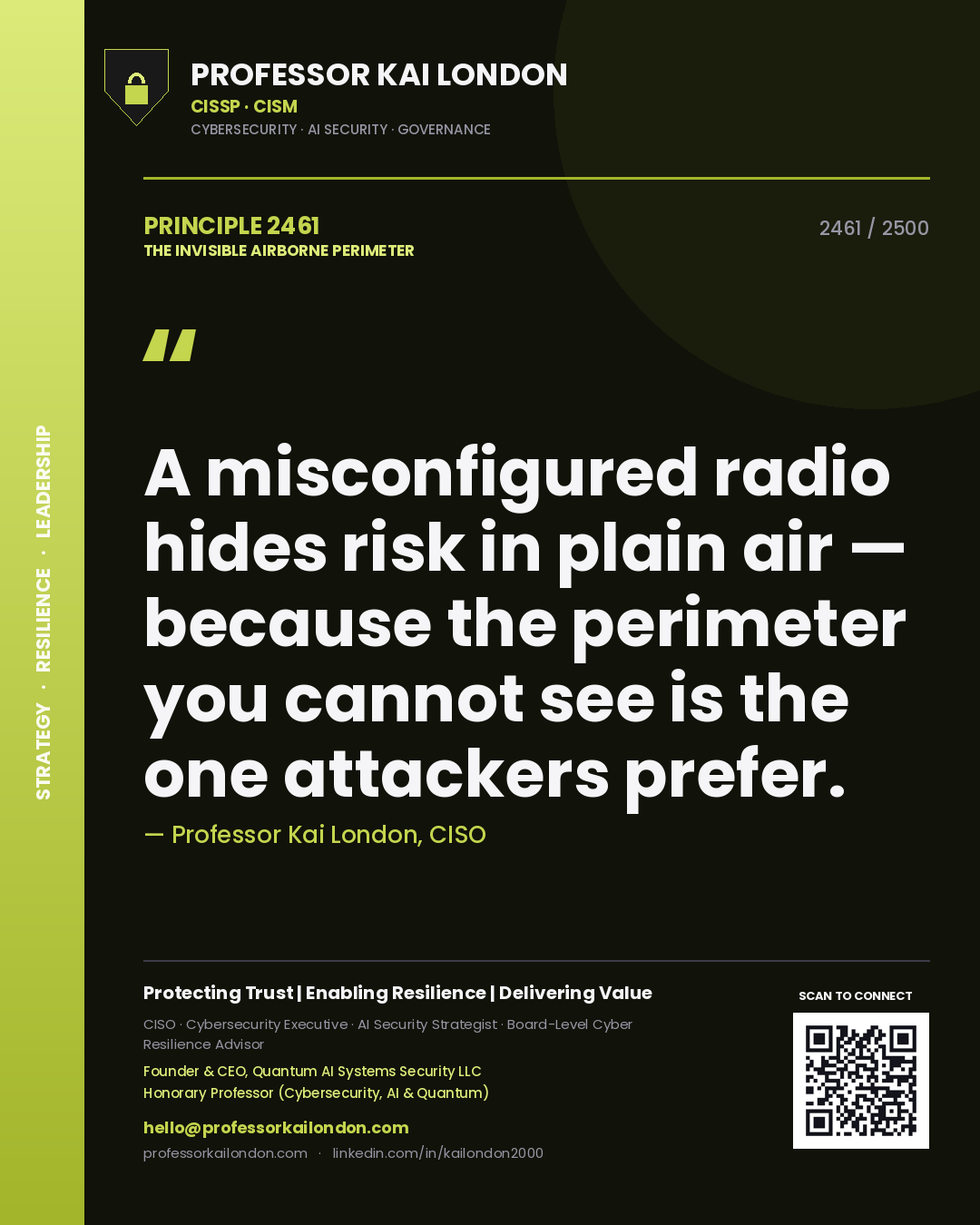 Quote card by Professor Kai London reading 'A misconfigured radio hides risk in plain air — because the perimeter you cannot see is the one attackers prefer.'. From the book The Invisible Airborne Perimeter.