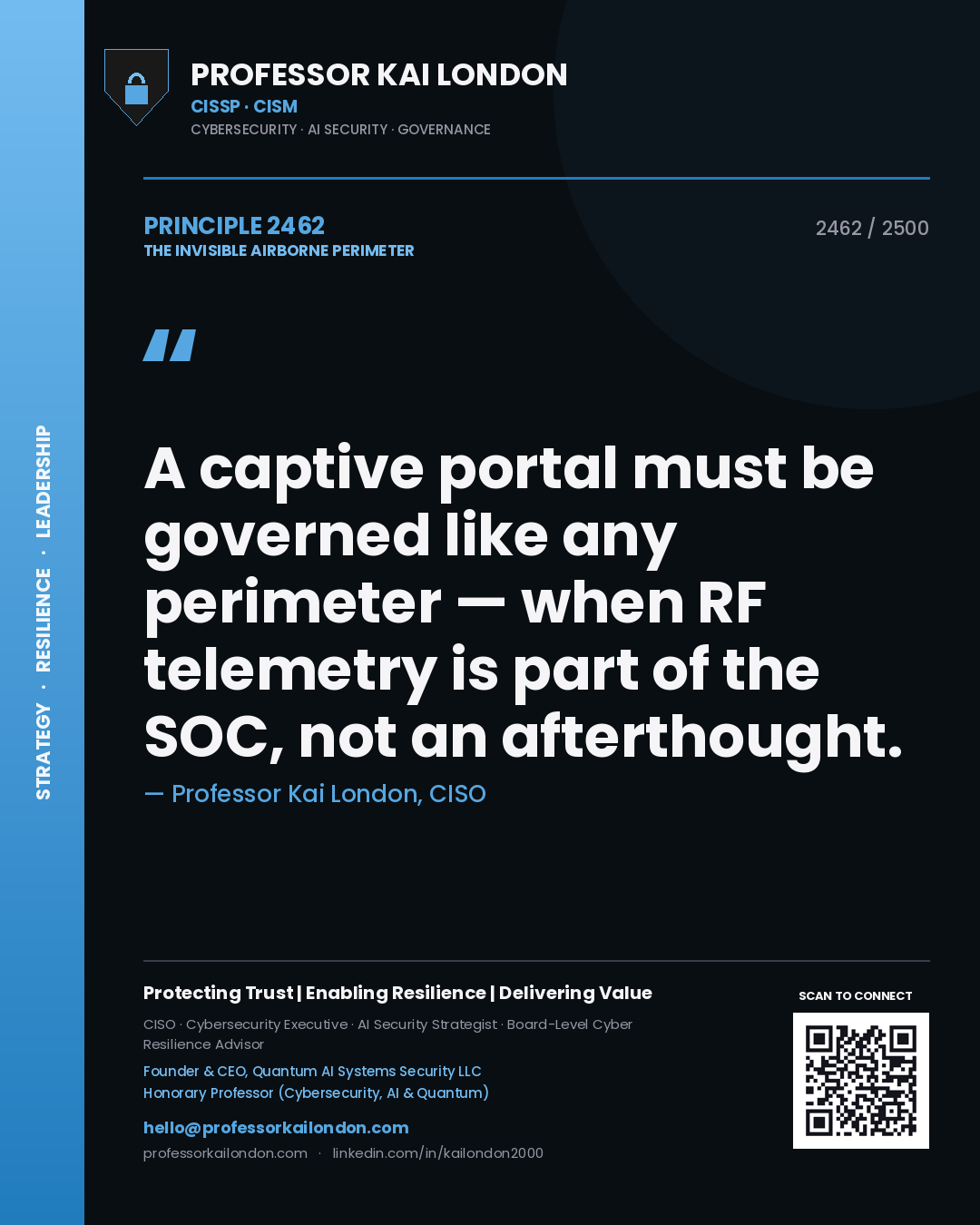 Quote card by Professor Kai London reading 'A captive portal must be governed like any perimeter — when RF telemetry is part of the SOC, not an afterthought.'. From the book The Invisible Airborne Perimeter.