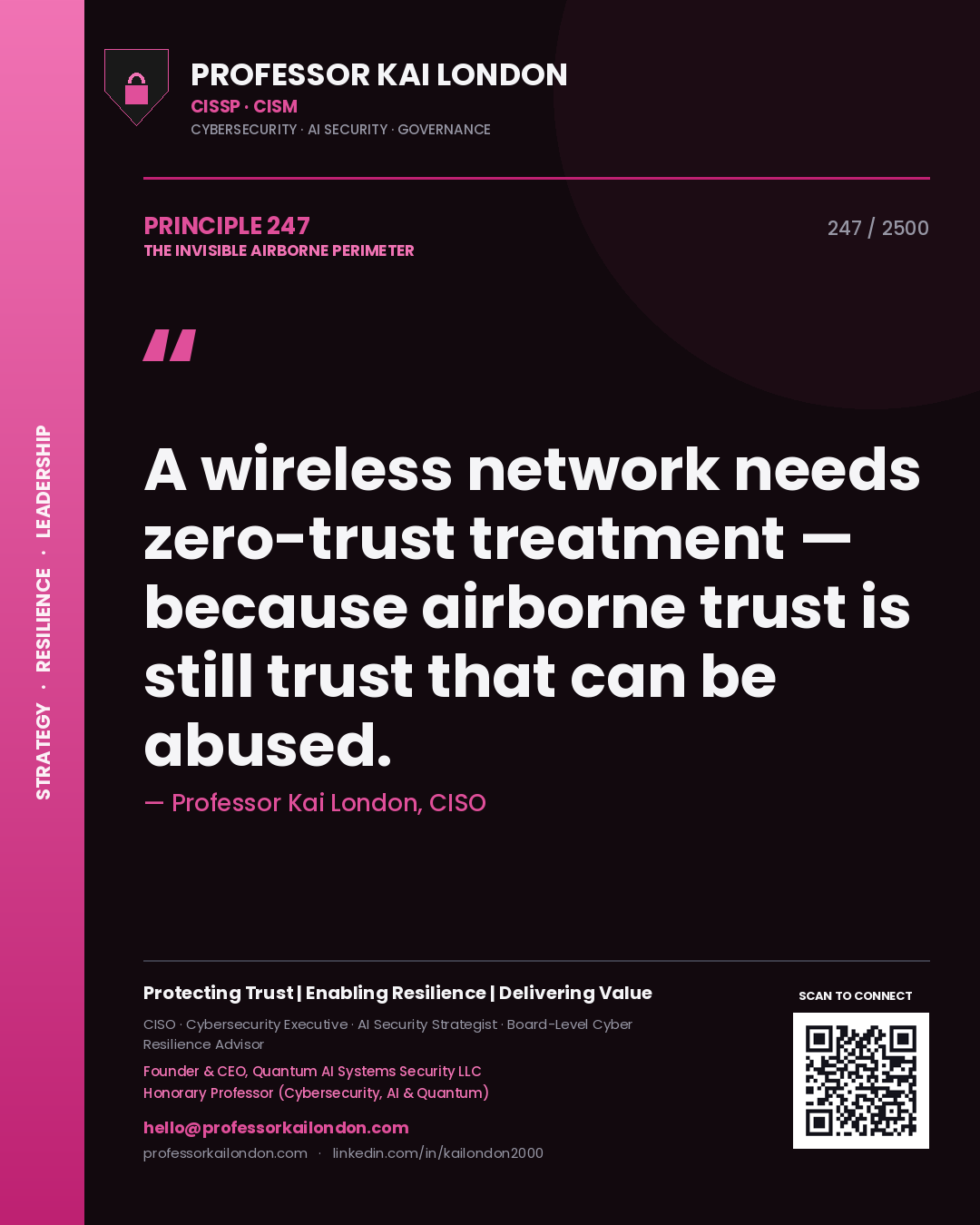 Quote card by Professor Kai London reading 'A wireless network needs zero-trust treatment — because airborne trust is still trust that can be abused.'. From the book The Invisible Airborne Perimeter.