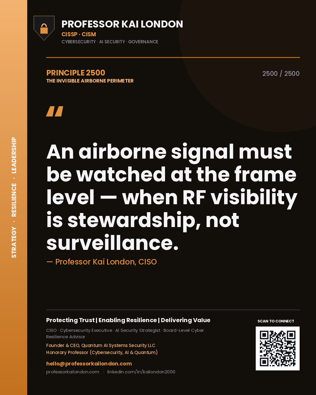 Quote card by Professor Kai London reading 'An airborne signal must be watched at the frame level — when RF visibility is stewardship, not surveillance.'. From the book The Invisible Airborne Perimeter.