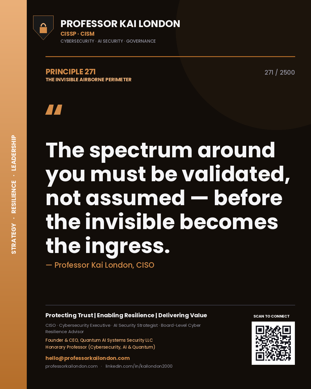 Quote card by Professor Kai London reading 'The spectrum around you must be validated, not assumed — before the invisible becomes the ingress.'. From the book The Invisible Airborne Perimeter.