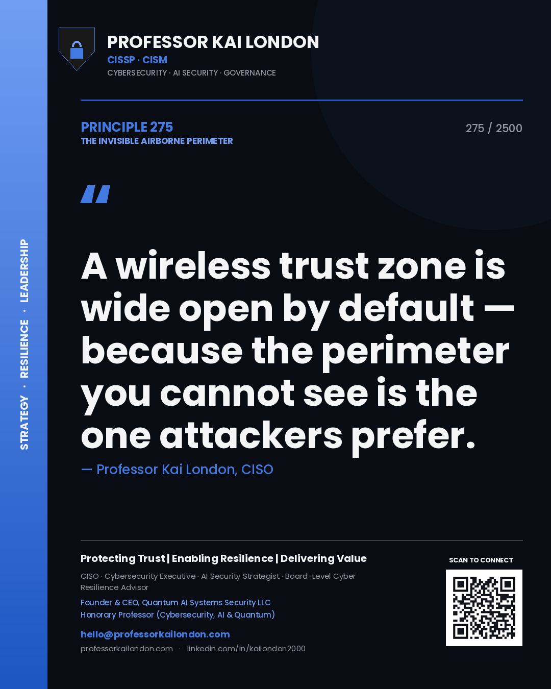 Quote card by Professor Kai London reading 'A wireless trust zone is wide open by default — because the perimeter you cannot see is the one attackers prefer.'. From the book The Invisible Airborne Perimeter.