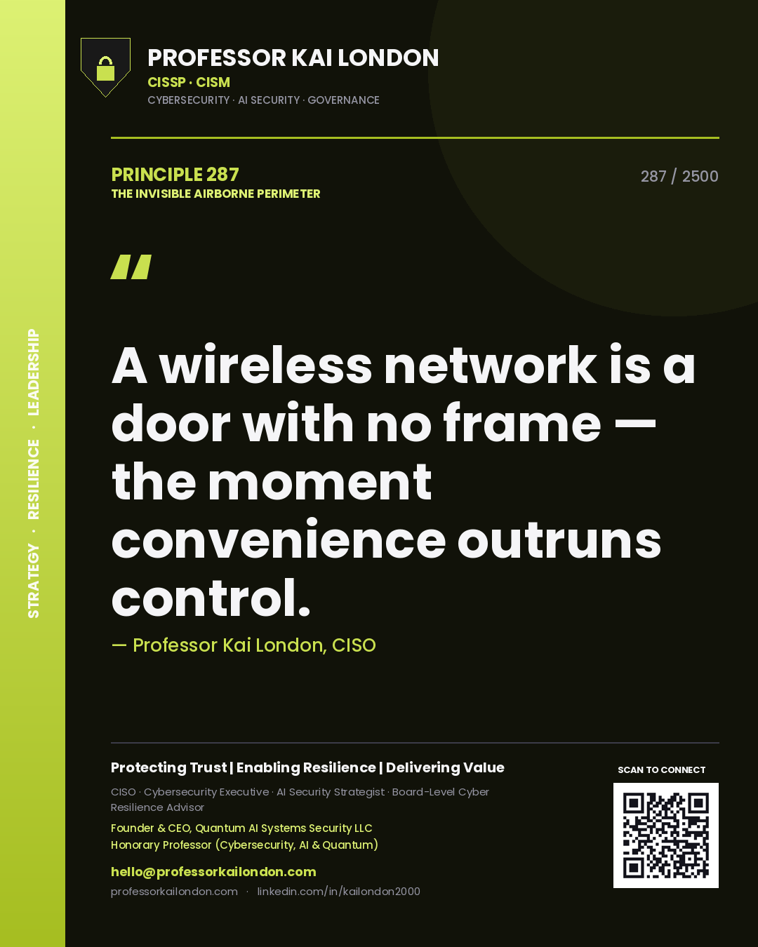 Quote card by Professor Kai London reading 'A wireless network is a door with no frame — the moment convenience outruns control.'. From the book The Invisible Airborne Perimeter.