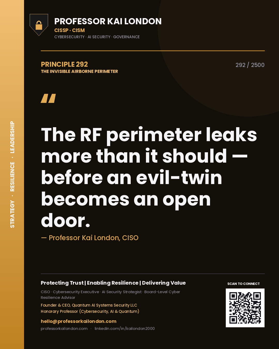 Quote card by Professor Kai London reading 'The RF perimeter leaks more than it should — before an evil-twin becomes an open door.'. From the book The Invisible Airborne Perimeter.