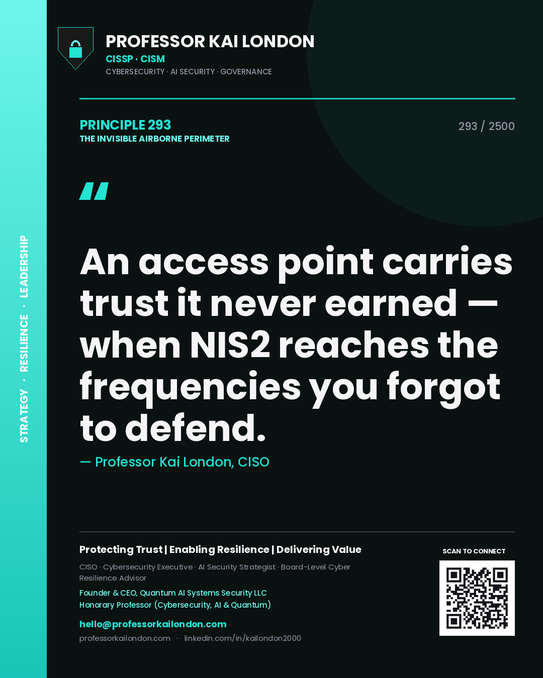 Quote card by Professor Kai London reading 'An access point carries trust it never earned — when NIS2 reaches the frequencies you forgot to defend.'. From the book The Invisible Airborne Perimeter.